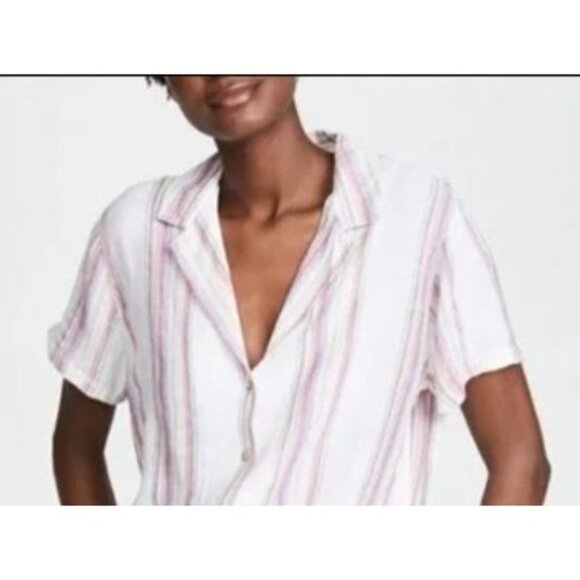 Rails Linen Blend Shirt M Crop Gold Trimmed Striped Gauzy Coastal Fairy Pastel - Picture 2 of 13